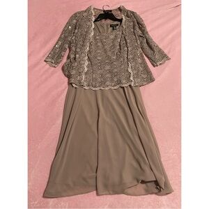 Women’s Sequin Lace Chiffon Taupe Midi Dress and Jacket Size Large